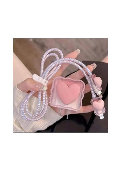 Go Aksesuar 18/20 W Şarj Cihazı ile Uyumlu 5 Parça Şarj Koruma Seti Kalp Model - Pembe modelleri