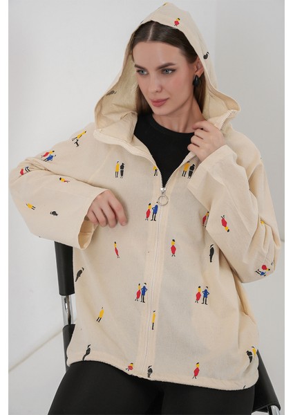 Kadın Kapüşonlu Desenli Keten Ceket 0736 - Ekru