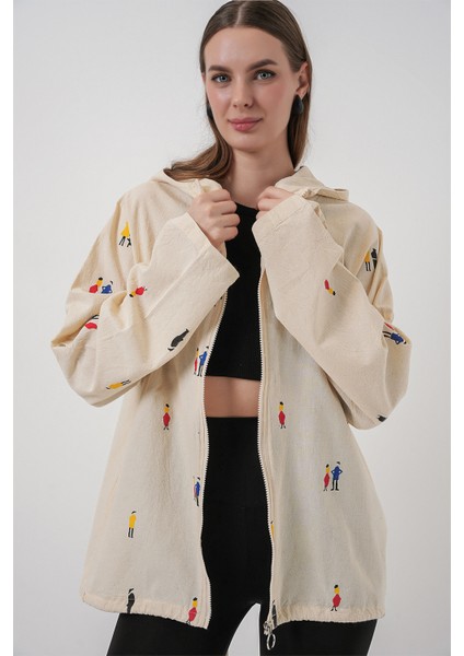 Kadın Kapüşonlu Desenli Keten Ceket 0736 - Ekru fiyatları