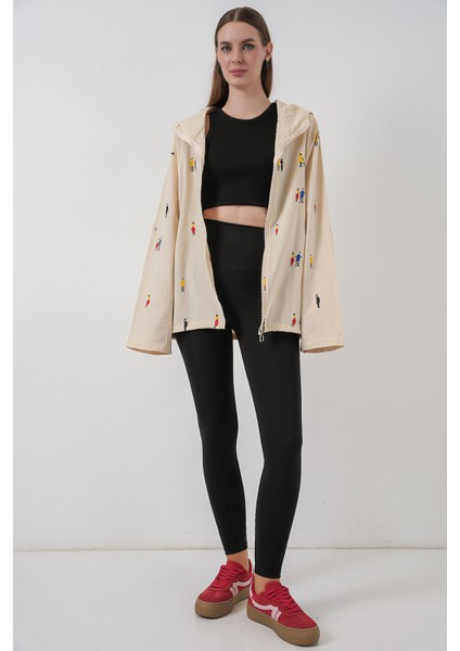 Kadın Kapüşonlu Desenli Keten Ceket 0736 - Ekru modelleri