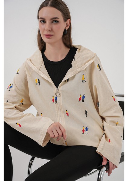 Kadın Kapüşonlu Desenli Keten Ceket 0736 - Ekru fırsatları
