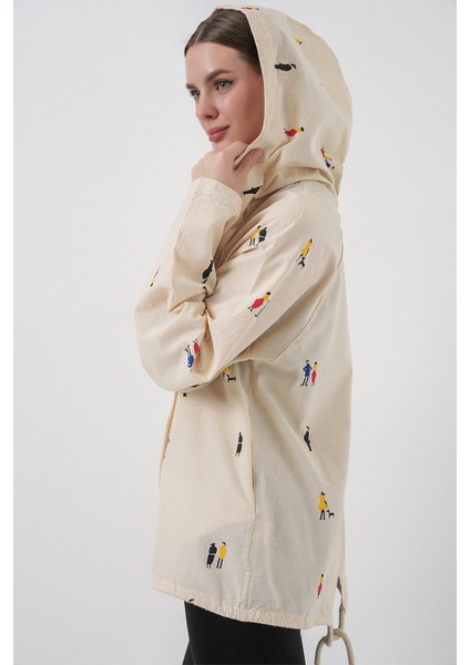 Kadın Kapüşonlu Desenli Keten Ceket 0736 - Ekru indirimleri