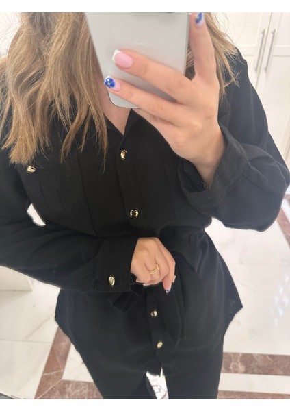 Uzun Kollu Keten Takım - Siyah