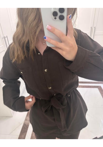 Uzun Kollu Keten Takım - Kahve modelleri