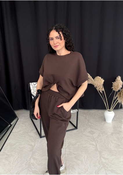 Acı Kahve Bisiklet Yaka Şalvar Pantolon Takım