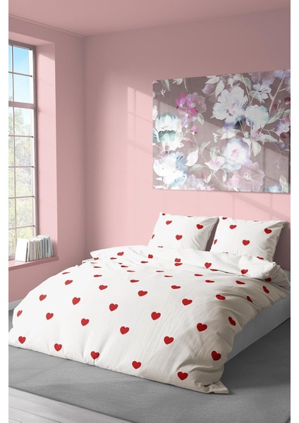 Tekstil Pamuklu Çift Kişilik Nevresim Seti | Nevresim ve Yastık Kılıfı | Çarşafsız Kalp Desenli Renkli