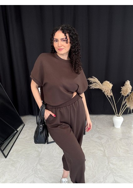 Acı Kahve Bisiklet Yaka Şalvar Pantolon Takım modelleri