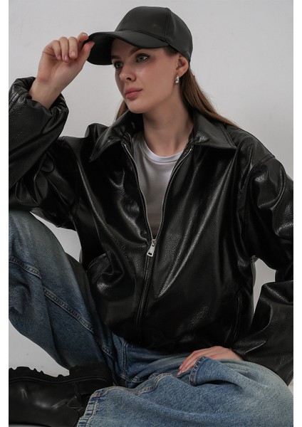 Kadın Oversize Suni Deri Ceket 1049 - Siyah