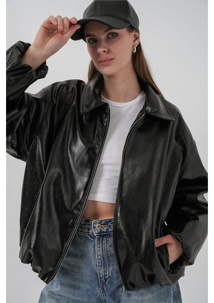 Kadın Oversize Suni Deri Ceket 1049 - Siyah fiyatları