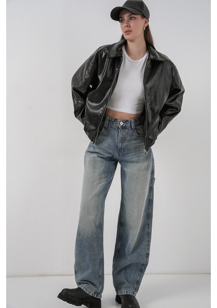 Kadın Oversize Suni Deri Ceket 1049 - Siyah modelleri