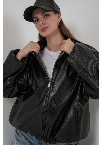 Kadın Oversize Suni Deri Ceket 1049 - Siyah fırsatları