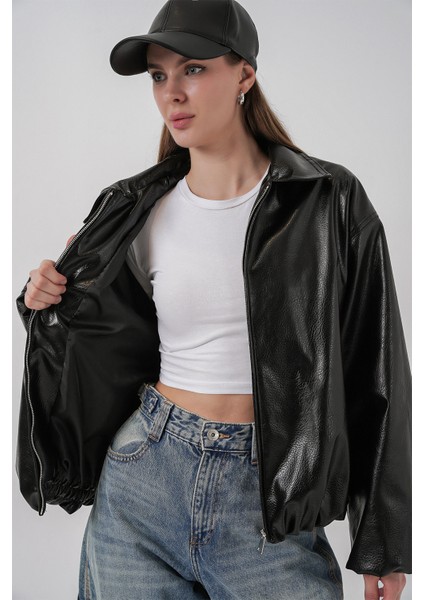 Kadın Oversize Suni Deri Ceket 1049 - Siyah indirimleri