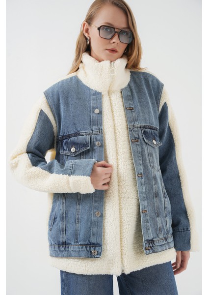 5198 Uzun Peluş Kot Mont - Lacivert