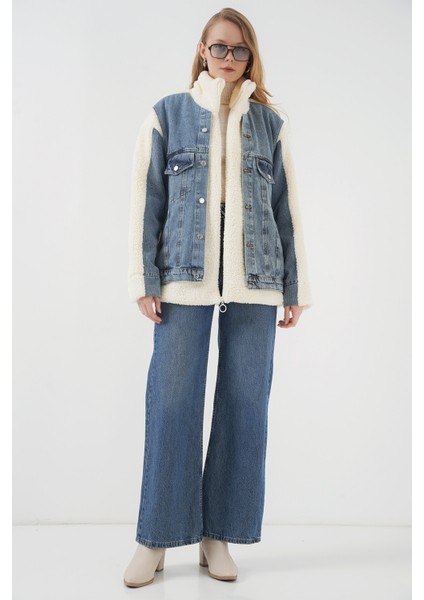 5198 Uzun Peluş Kot Mont - Lacivert fiyatları