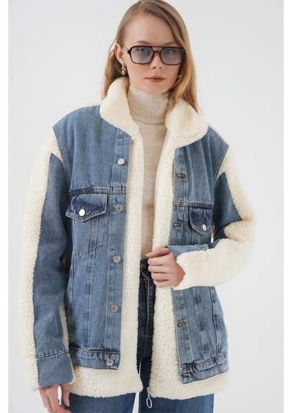 5198 Uzun Peluş Kot Mont - Lacivert modelleri