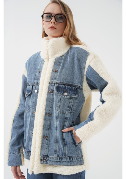 5198 Uzun Peluş Kot Mont - Lacivert fırsatları