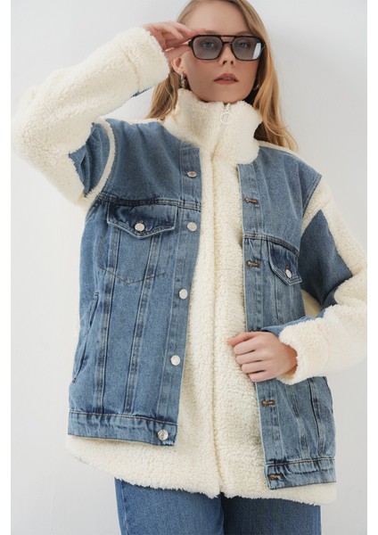 5198 Uzun Peluş Kot Mont - Lacivert indirimleri