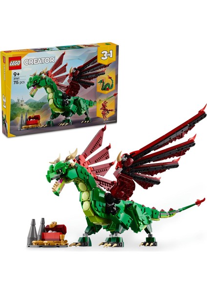 Creator 3’ü 1 Arada Orta Çağ Ejderhası 31161-9 Yaş ve Üzeri Çocuklar Için Deniz Yılanı ve Zümrüdüankaya Dönüşen Oyuncak Yapım Seti, Doğum Günü Hediyesi (715 Parça)