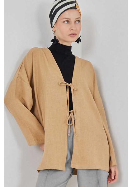 Keten Tesettür Kimono 5968 - Camel