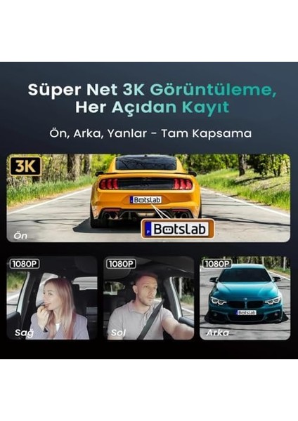 3k 4 Kanallı Araç Kamerası, 560°, 3.18 Inç Dokunmatik Ekranlı Ön ve Arka Araç Içi Kamera, Araç Kamerası 7/24 Modu, Dahili Gps, 5.8g Wifi Gece Görüşü, Ses Kontrolü 128 GB Hafıza Kartlı modelleri
