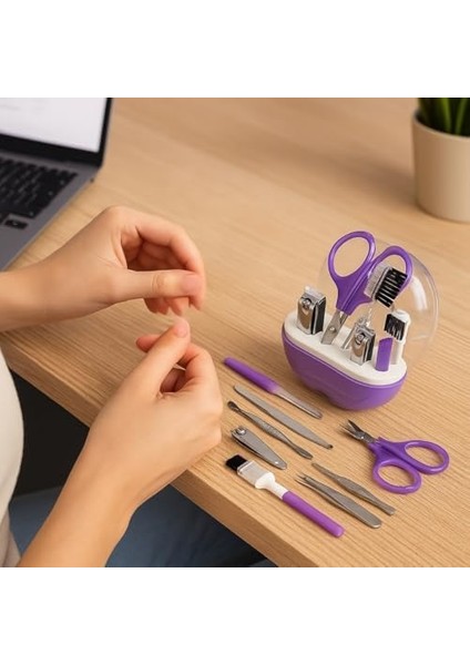 Manikür Pedikür Seti – 8’li Mor Elma Şekilli, Paslanmaz Çelik Tırnak Bakım Seti, Kaş Makası ve Törpü Seti modelleri