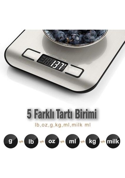 Mutfak Terazisi – Paslanmaz Çelik Yüzeyli Tartı, 5 kg Kapasiteli, Dara Özellikli, LCD Ekranlı, 5 Birim Dönüşümlü, Pilli, Tartı modelleri