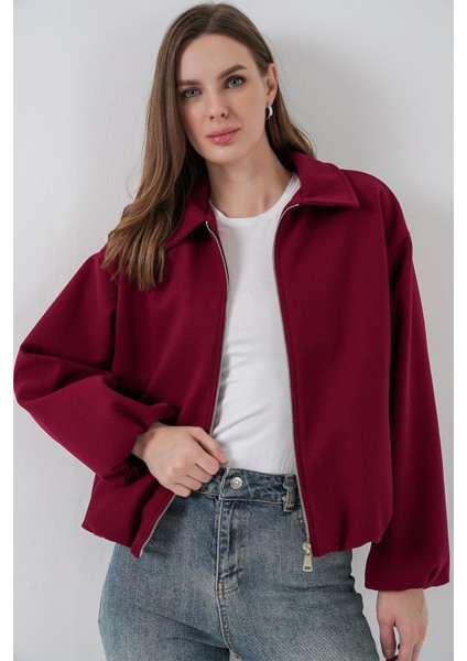 Kadın Büzgülü Oversize Kaşe Ceket 0728 - Bordo