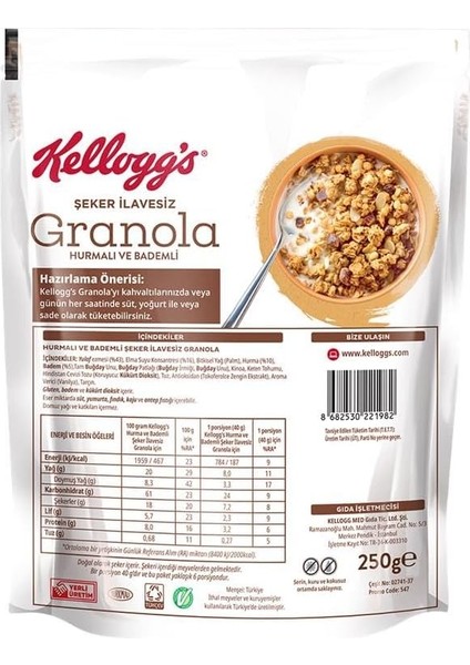 Kellogg's Şeker Ilavesiz Granola Hurmalı ve Bademli 250 gr x 10 Adet