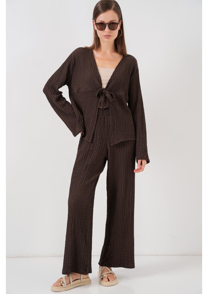 Kadın Örme Bluz Pantolon Ikili Takım 30052 - Kahverengi