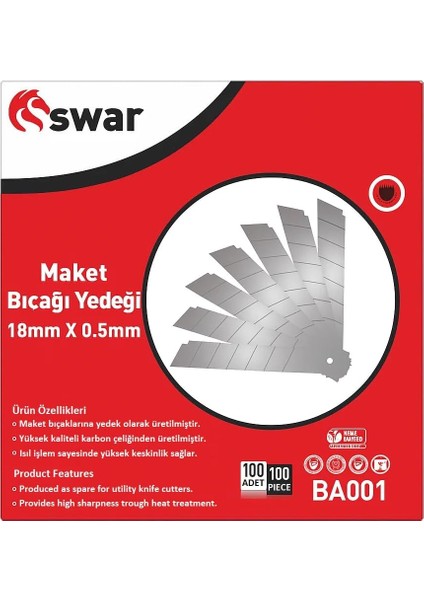 Bıçağı Yedeği, 18 mm x 0,5 Mm, Karbon Çelik, Ultra Keskin, Dayanıklı Uç, 7 Kırımlı, Endüstriyel Kesici Bıçak, Yedek Parça, Detay Kesim (Kutulu, Adet, 100)