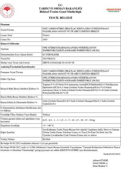 Zirve Çotanak 20-10-10 + Te Granül Akıllı Gübre – Nitrifikasyon Inhibitörlü – Yüksek Performanslı Npk + Mikro Elementli Geliştirici – 25 kg fiyatları