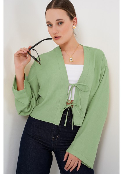 Önü Bağlamalı Keten Kimono 960 - E.yeşil