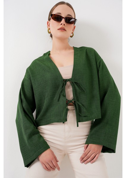 Önü Bağlamalı Keten Kimono 960 - Zümrüt Yeşili