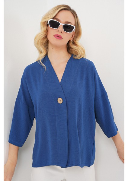 Kadın Kısa Kol Oversize Kimono 5969 - Indigo