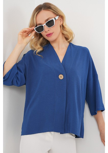 Kadın Kısa Kol Oversize Kimono 5969 - Indigo fırsatları