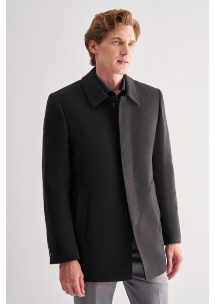 Koyu Antrasit Kaşe Bebe Yaka Kapitoneli Astar Comfort Fit Rahat Kesim Klasik Kaban 1008245161