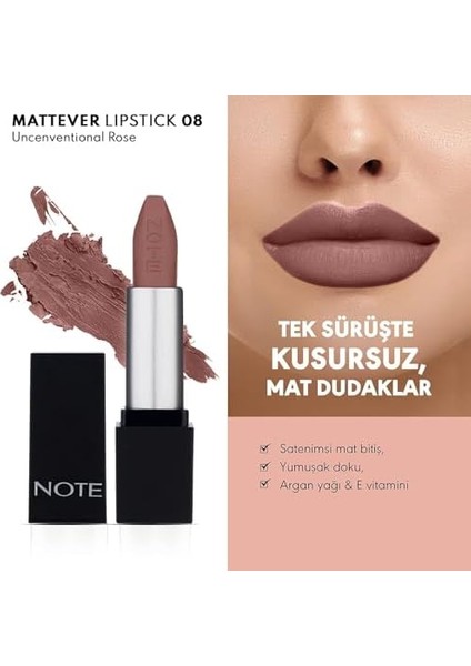 Note Mattever Lipstick 08 Unconventional Rose Yarı Mat Saten Bitişli Ruj, Koyu Nude modelleri
