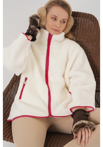 5211 Fermuarlı Peluş Mont - Kırmızı