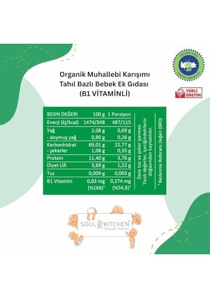 Soul Kitchen Organik Bebek Muhallebisi B1 Vitaminli Tahıl Bazlı Ek Gıda 250GR