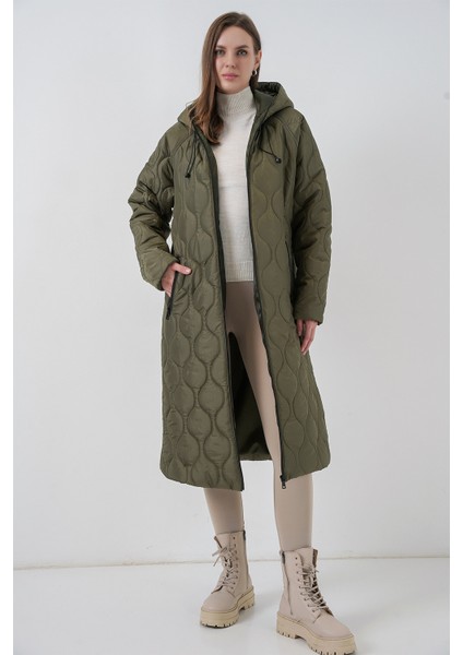 5177 Kapüşonlu Uzun Kapitone Mont - Haki modelleri
