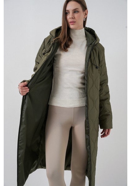 5177 Kapüşonlu Uzun Kapitone Mont - Haki fırsatları