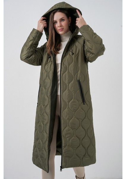 5177 Kapüşonlu Uzun Kapitone Mont - Haki indirimleri