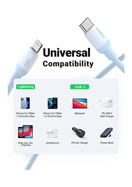 Ugreen Usb-C Lightning Kablo Mavi 1 M Mfi Test Edilmiş Power Delivery Tip C Lightning Şarj Kablosu Silikon Jel 13 Se 3 12 11 iPad 2021 Airpods Pro Airpods Max ile Uyumlu fiyatları