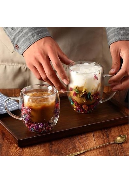 Çift Cidarlı Borosilikat Cam 2’li Set 250 ml Kurutulmuş Çiçek Detaylı Dayanıklı Kulplu, Şeffaf Estetik Çay Kahve Bardağı, Isı Yalıtımlı, Dayanıklı Cam Tasarım modelleri