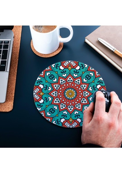 Renkli Mandala Tasarımlı Yuvarlak Mouse Pad - Mousepad - Mouse Pad - Fare Altlığı