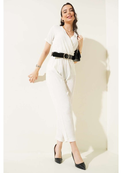 7022 Kemerli Örme Tulum - Beyaz