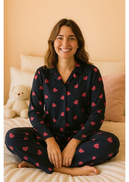 Kadın Siyah Kalpli %100 Pamuk Milan Kumaş Pijama Takımı