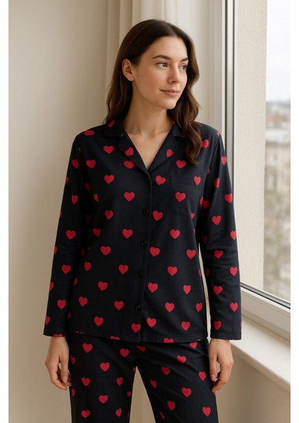 Kadın Siyah Kalpli %100 Pamuk Milan Kumaş Pijama Takımı fiyatları