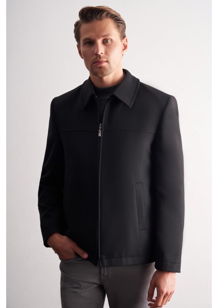 Siyah Berberi Yaka Tam Astar Classic Slim Fit Esnek Kaşe Mont 1007255121