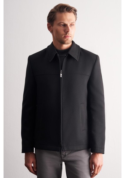 Siyah Berberi Yaka Tam Astar Classic Slim Fit Esnek Kaşe Mont 1007255121 modelleri